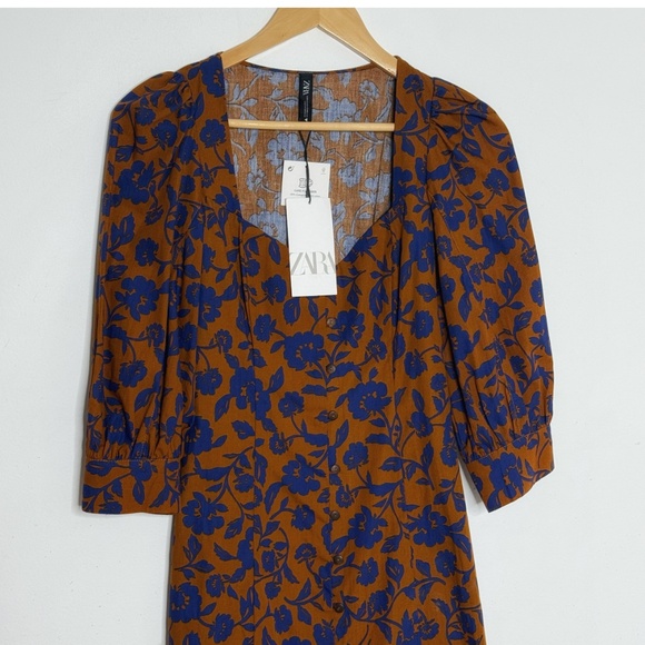 NWT Zara Dress Midi Length Button Front Convertible Duster Dress Brown Blue XS - Picture 5 of 16